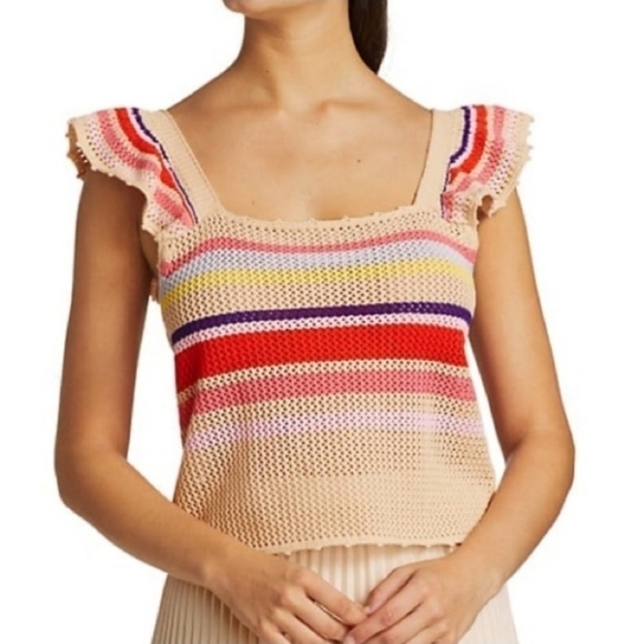 Rails Naomi Ruffle Knit Crochet Tank Top Rainbow Tan Multi Stripe - Picture 1 of 12